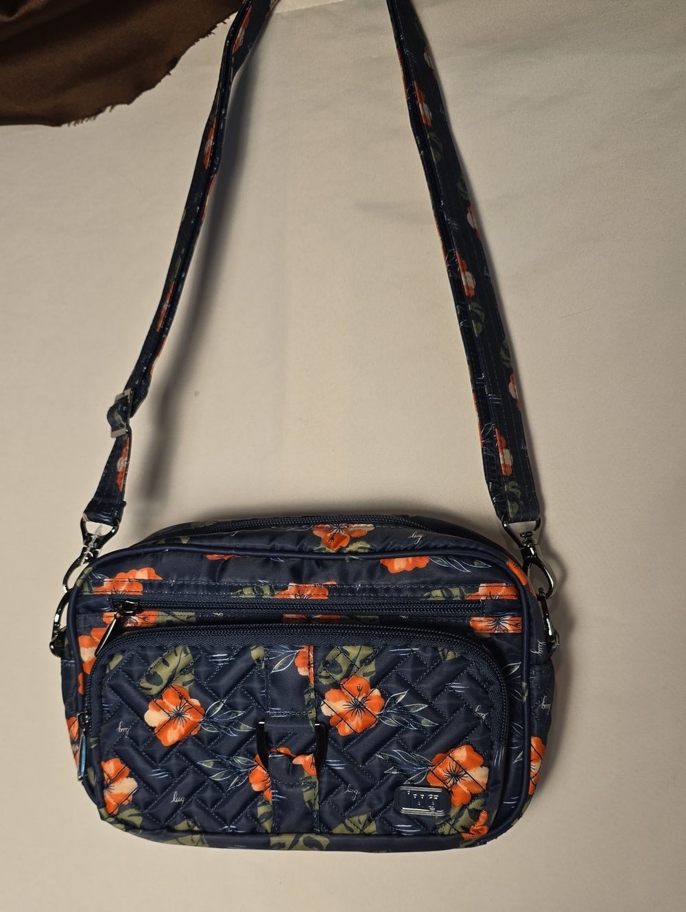 Lug Carousel Navy Floral Crossbody Bag with Orange Flowers